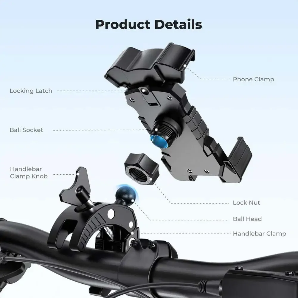 Motorcycle Phone Mount, Bike Phone Holder, 360 Degree Adjustable Handlebar Clamp